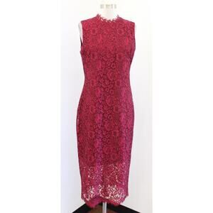 Shoshanna Wine Red Black Floral Lace Mock Neck Midi Sheath Dress Cocktail Size 8